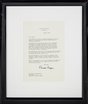 1984 President Ronald Reagan Typed Letter Of Congratulations Sent To Kareem Abdul-Jabbar in 14x17 Framed Display (Abdul-Jabbar LOA)